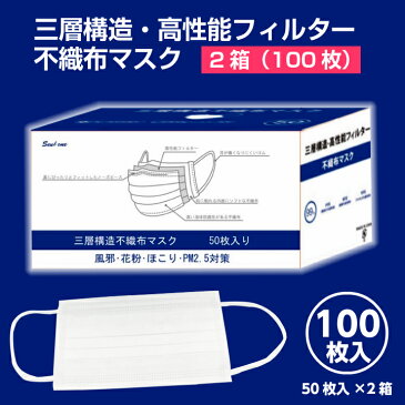 【4/23入荷済み】送料無料 マスク 箱 在庫あり 即納 3層 フィルター 不織布マスク 100枚 50枚×2箱（ホワイト）170×95mm 白 箱入り 男性 女性 大人 使い捨てマスク サイズ フェイスマスク 保護 風邪 かぜ ほこり 花粉 飛沫感染 予防 花粉対策 大人用 女性用 ウイルス 母の日