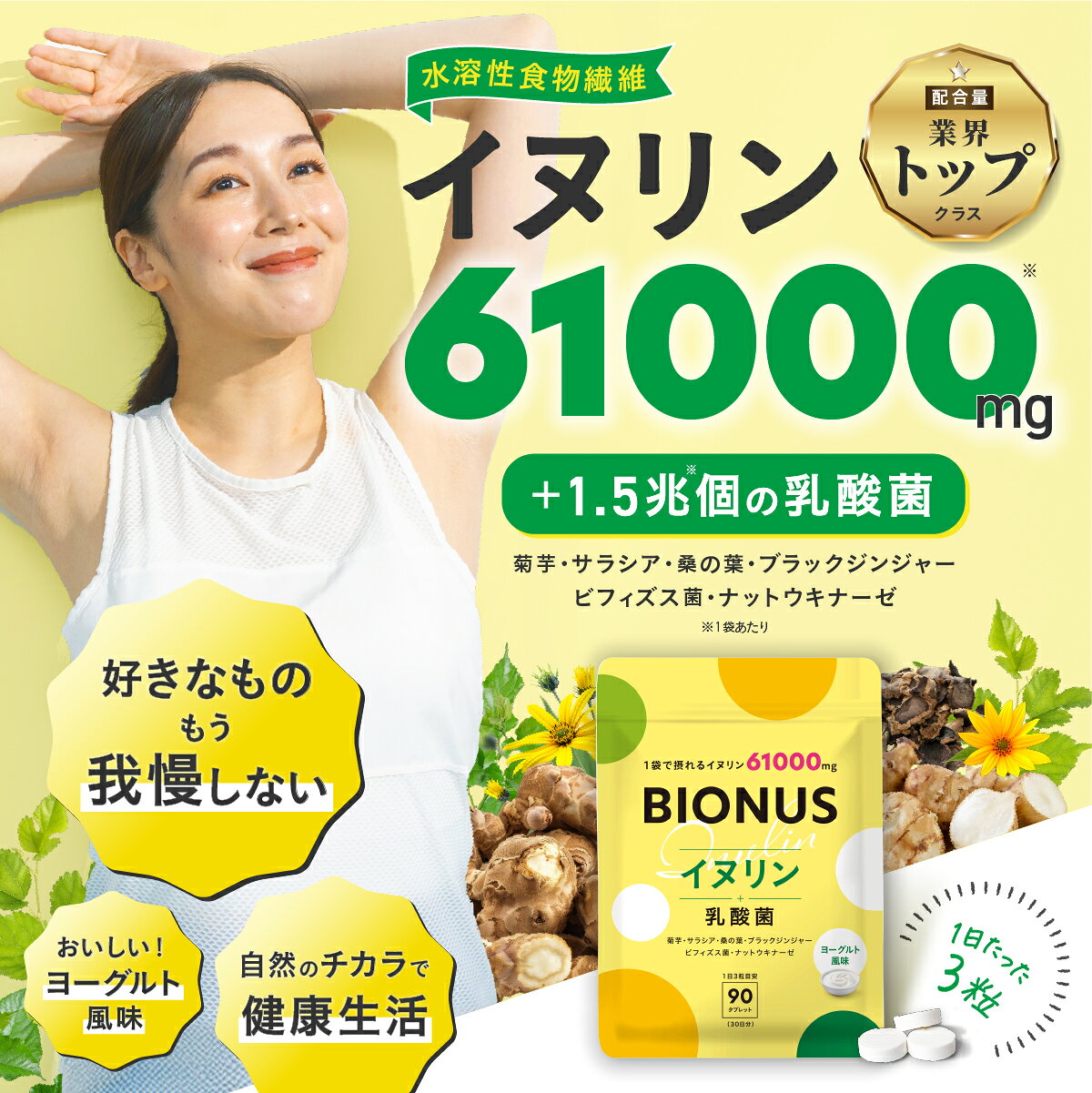 【アウトレット】 イヌリン サプリ ビオナス 61,000mg 乳酸菌入り 30日分 90粒 パ...