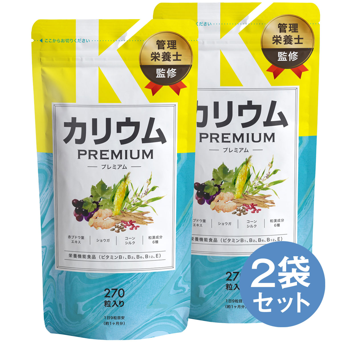 カリウム サプリ 2袋セット プレミアム 約2ヶ月分 栄養機能食品 【1袋あたり塩化カリウム36,000mg】 カリウムサプリメント ビタミンb ビタミンe ポリフェノール 生姜 和漢 ハトムギ 女性 国内製造 サプリメント 送料無料 ネコポス可