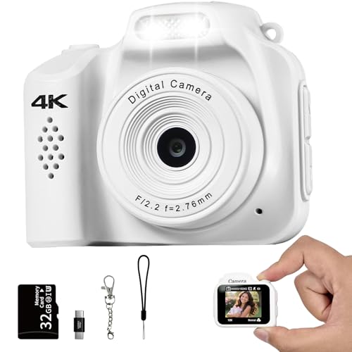 ミニデジタルカメラ デジタルトイカメラ 1.54インチ画面 4K 32GBカード付属 撮影・動画機能 キーホルダーセット 軽量 修学旅行 学生 初心者 (ホワイ...