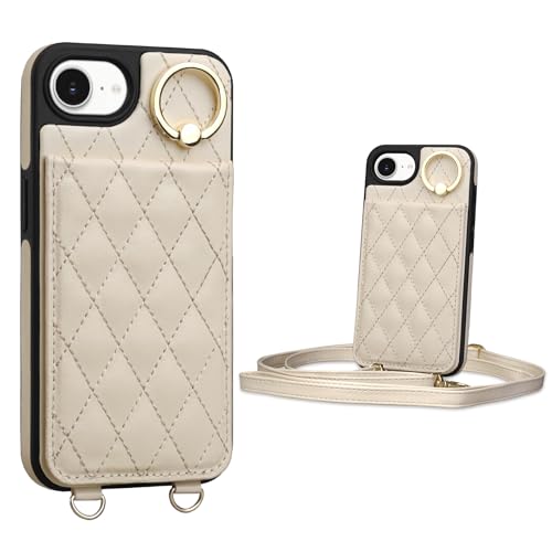 iPhone 16e ケース 手帳型 背面 カードケース ショルダー ストラップ 背面ケース カード収納 キルティング 16e 用 カバー スタンド機能 肩掛け 首掛け PUレザー マグネット 可愛い チェック柄 レディース 女性向け おしゃれ 6.1inch ホワイト