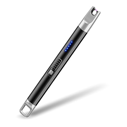 ライター 電気 USBライター 電量表示 充電式 火起こし 無炎 防風 スリム ろうそく BBQ お墓参り アウトドア用ライター (ブラック)