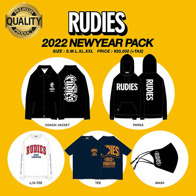 商品説明RUDIE'S(ルーディーズ) 3度目となる公式の2022年福袋。内容は、コーチジャケット×1点・スウェットパーカー×1点・長袖Tシャツ×1点・半袖Tシャツ×1点・マスク×1点が入った2022ニューイヤーパック。 サイズはS・M・L...