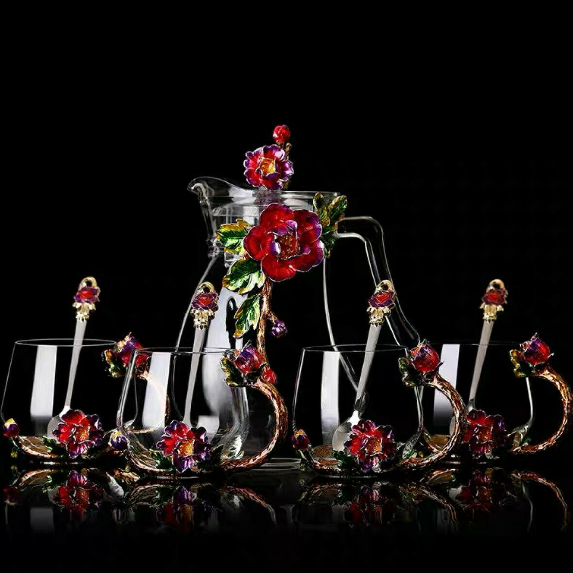 ティーポット コーヒーカップ 5点セット ガラス製 花柄．