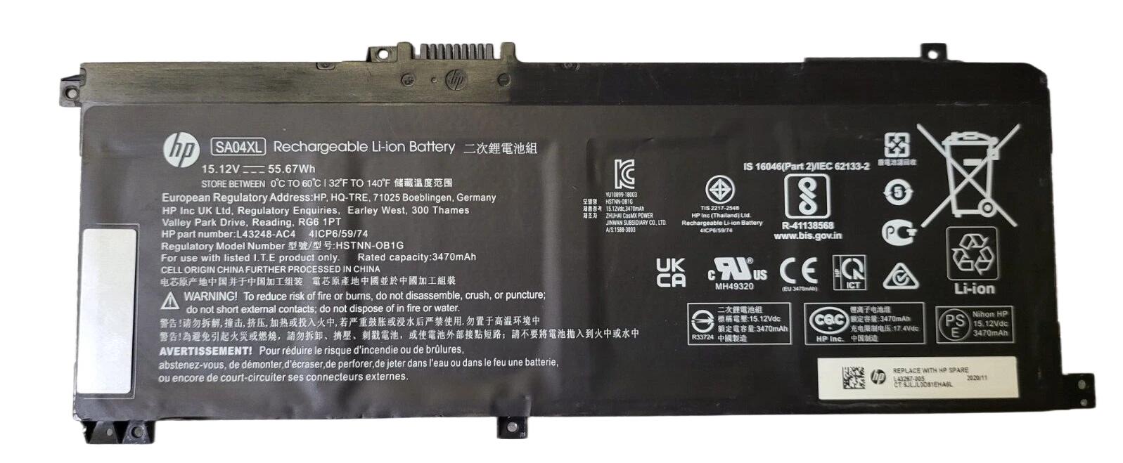 新品 HP HSTNN-OB1G HSTNN-OB1F HSTNN-UB7U L43267-005 L43248-AC1 AC2 シリーズ 用 内蔵バッテリパック 15.12V 55.67Wh SA04XL