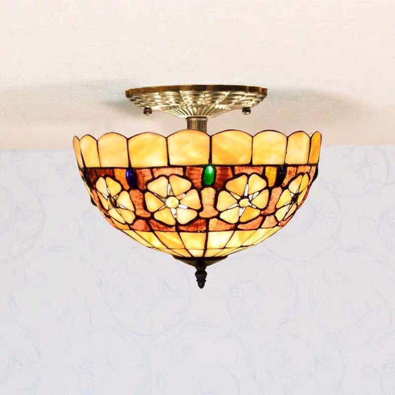 ステンドグラス．ペンダントライト豪華天井照明ステンドグラスランプ ガラス工芸品． 電源直結タイプ