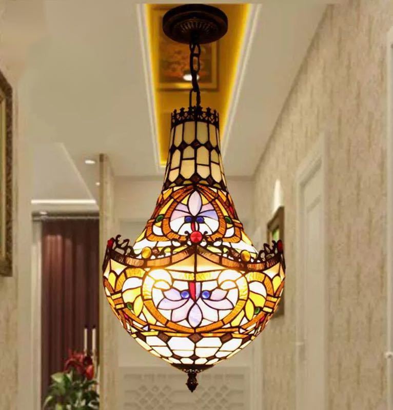 ステンドグラス ペンダントライト 豪華天井照明ステンドグラスランプ ガラス工芸品 30cm 電源直結タイプ