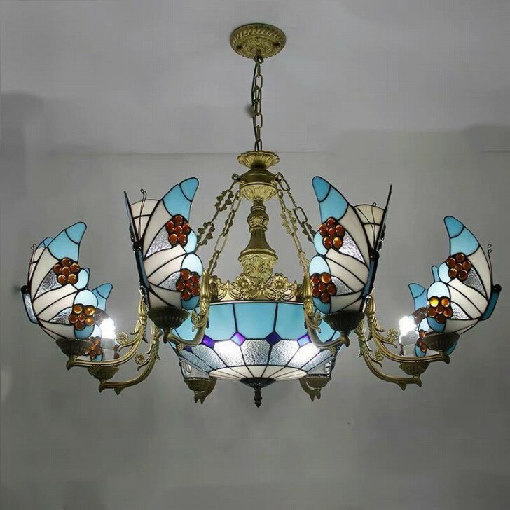 チョウチョウ ステンドグラス．ペンダントライト豪華天井照明ステンドグラスランプ ガラス工芸品．高級照明 11灯 電源直結タイプ