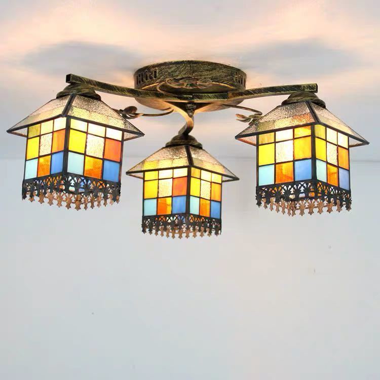 ステンドグラス．ペンダントライト豪華天井照明ステンドグラスランプ ガラス工芸品 幅53cm 電源直結タイプ