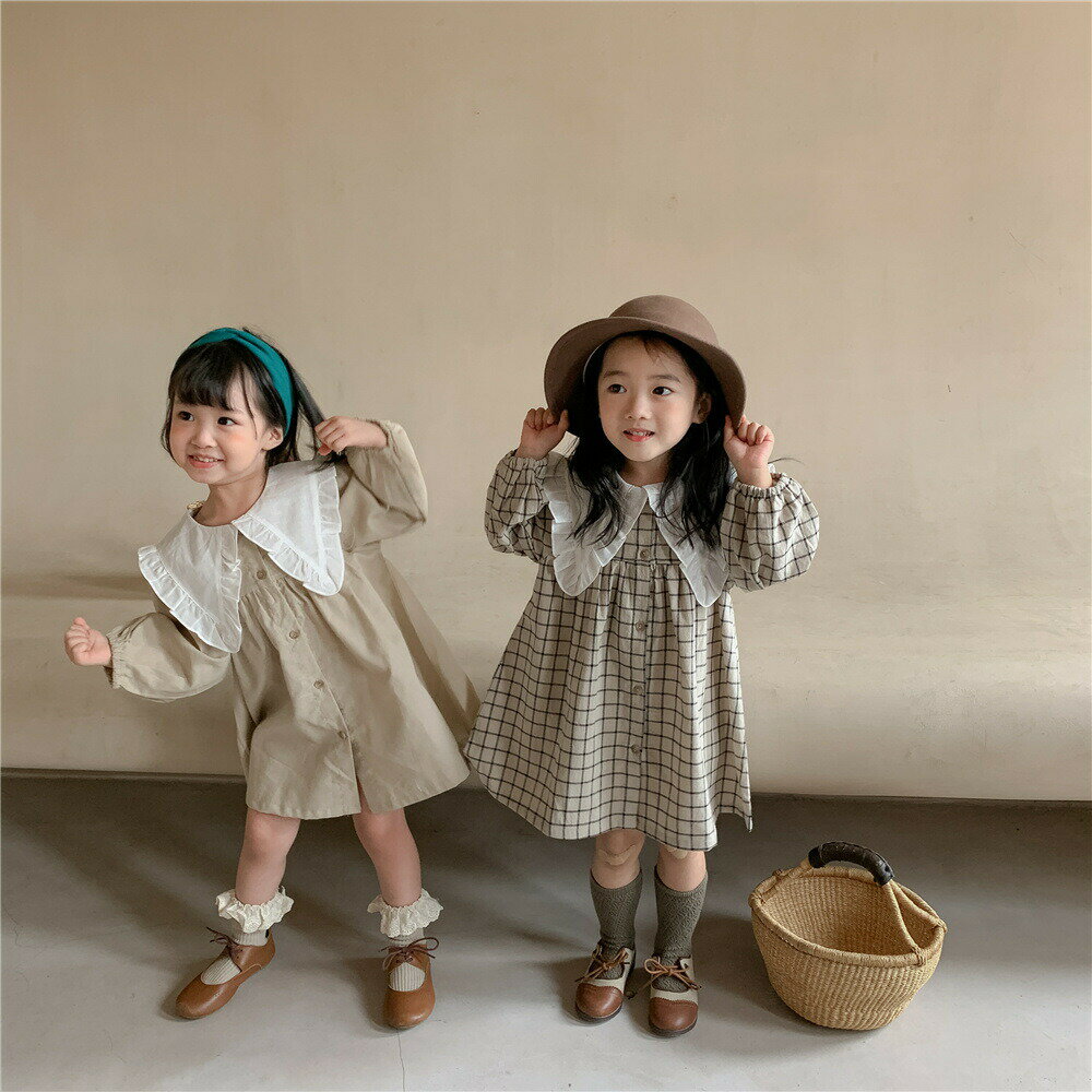韓国風子供服 ベビー服 女の子 春秋 全2色 可愛い ワンピース 長袖 カジュアル 韓国風 キッズ おしゃれ 子供服 ベージュ チェック 80cm?130cm オシャレ シンプル きれいめ キレイ 誕生日 プレゼント ギフト 外出