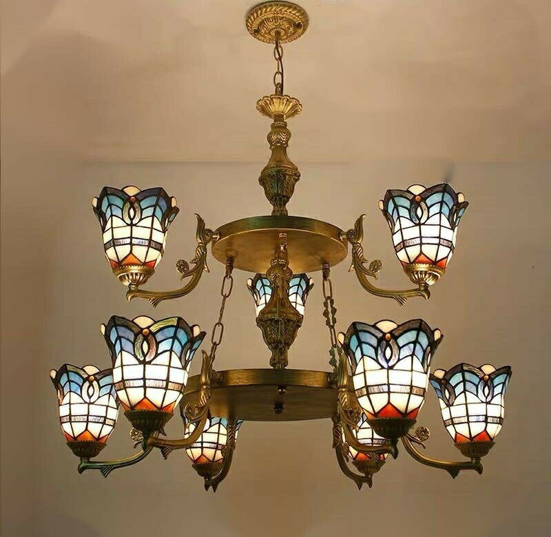 ステンドグラス ペンダントライト豪華天井照明ステンドグラスランプ ガラス工芸品 ．高級天井照明 9灯 電源直結タイプ