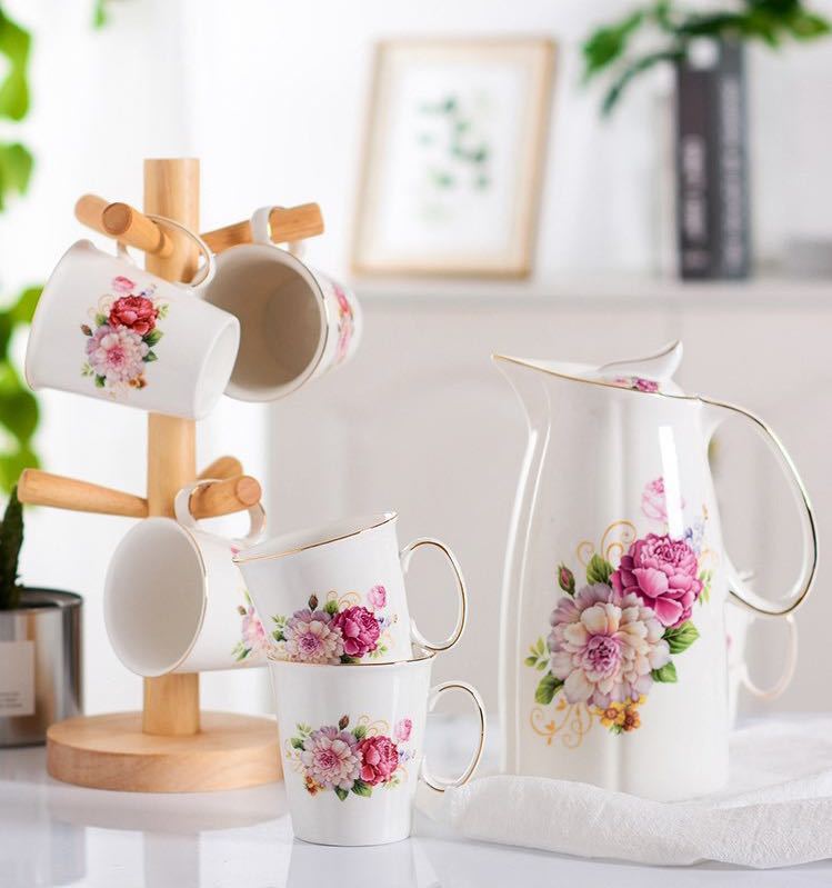 ティー・コーヒーカップ6客セット 陶磁器ティーセット ・カップラック付き