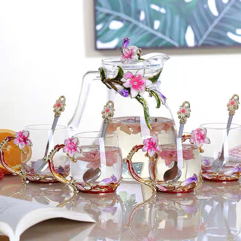 ティーポット コーヒーカップ 5点セット ガラス製 花柄．