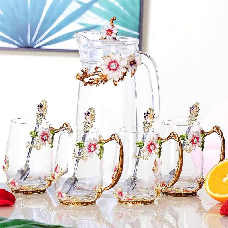 ティーポット コーヒーカップ 5点セット ガラス製 花柄