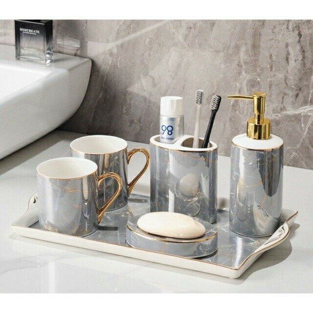 高級サニタリー6点セット．ディスペンサー 歯ブラシスタンド 洗面用品 大理石調