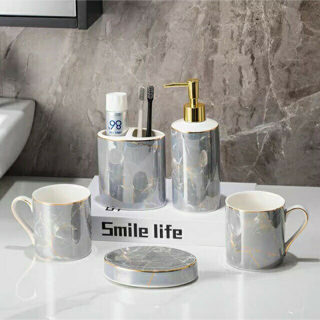 高級サニタリー5点セットディスペンサー 歯ブラシスタンド 洗面所用品 大理石調