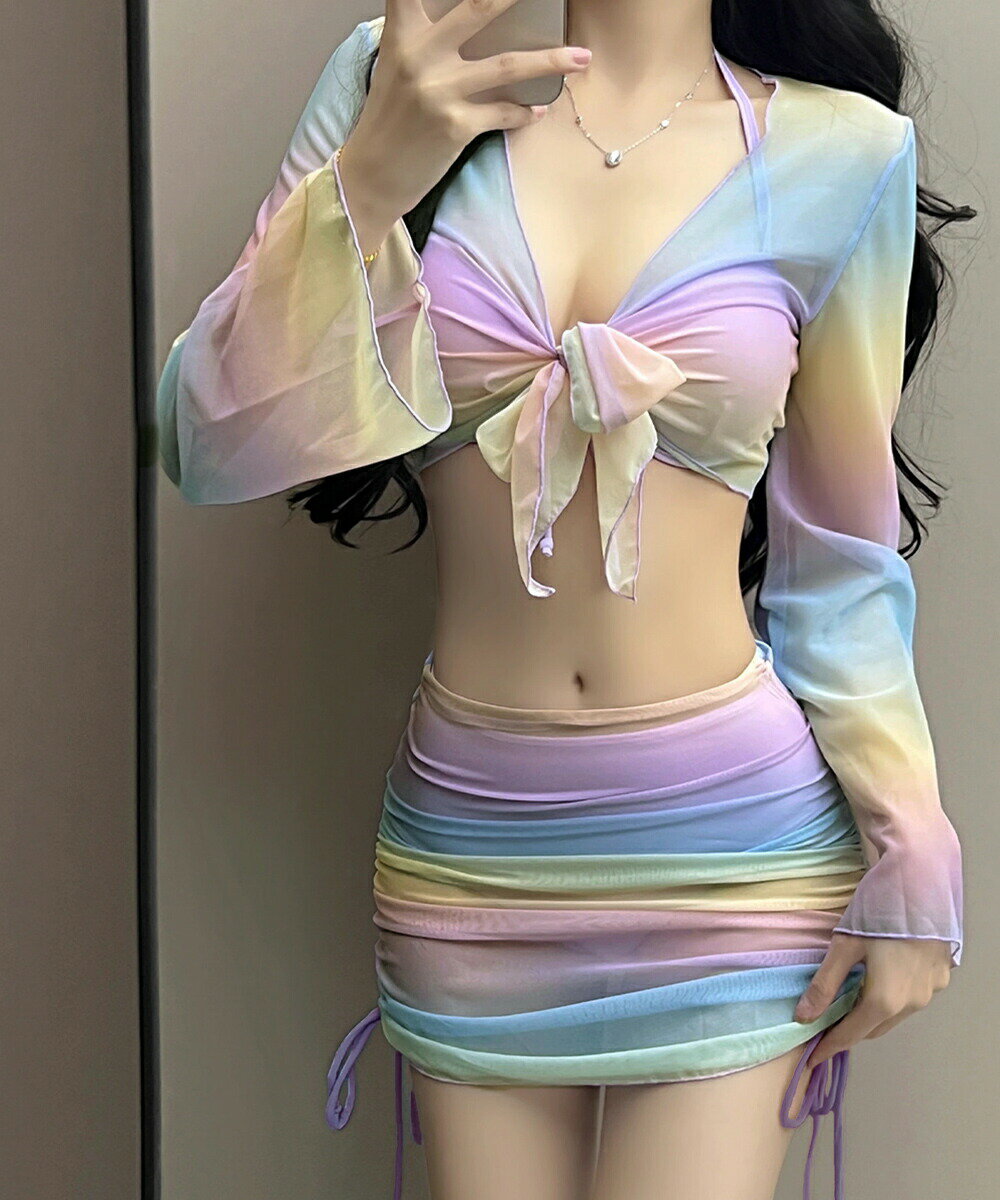 カラフル水着4点セットスイムウェアみずぎ ホルターネック レディース水着ビキニ 日焼け防止長袖トップス ドロスト付きミニスカート 水着上下セット盛れる 海水浴