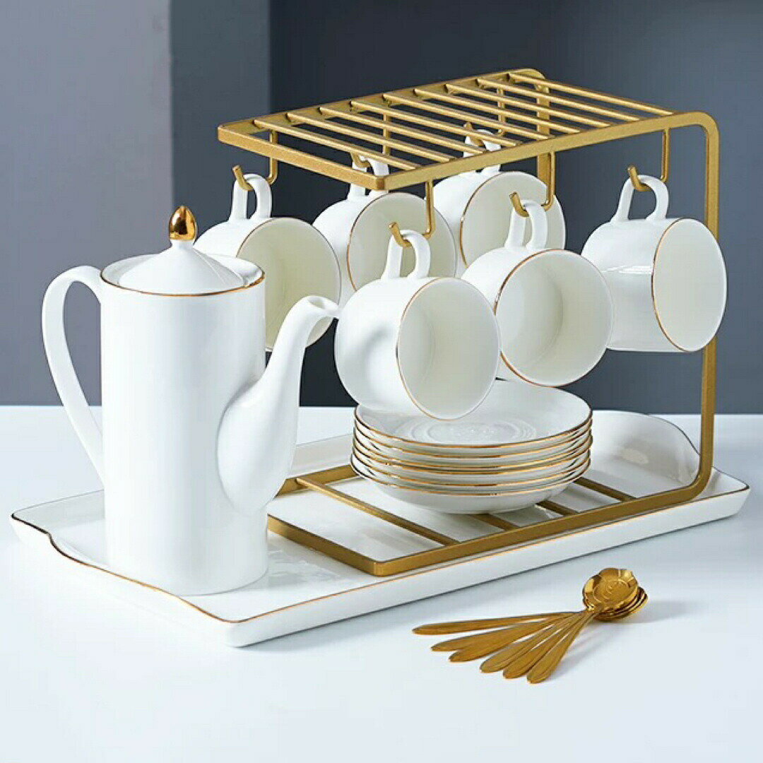 ティーカップセット 6客 ソーサー＆ゴールドラック付き 高級磁器 北欧風