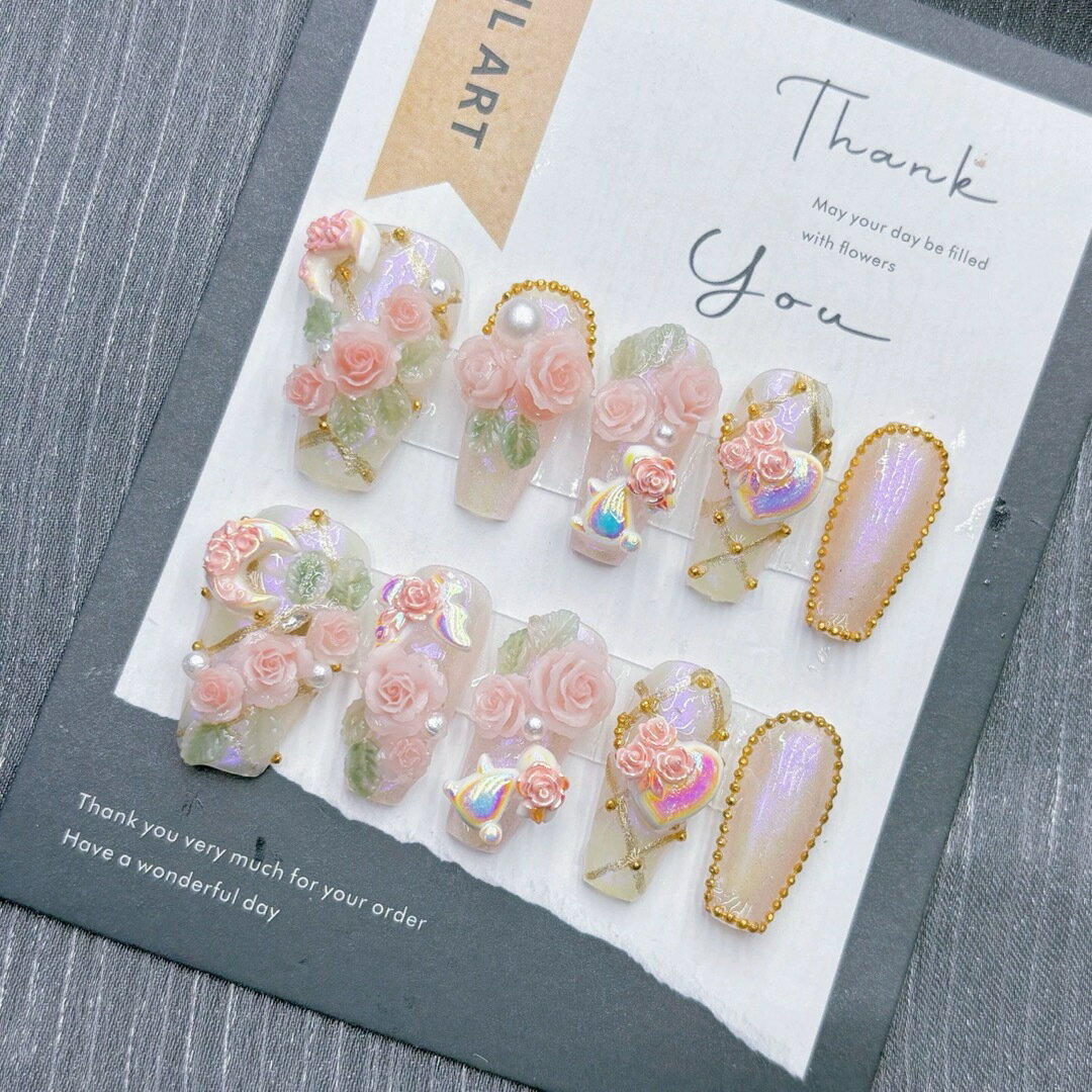 ネイルチップ立体バラ×ハートビジュー付きオーロラピンクネイル姫系ガーリーデザイン