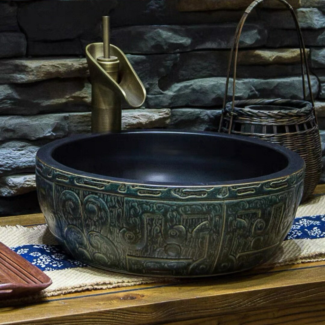 高級洗面台 洗面ボウルセット ．洗面ボール 陶器 手水鉢 蛇口 排水金具付き