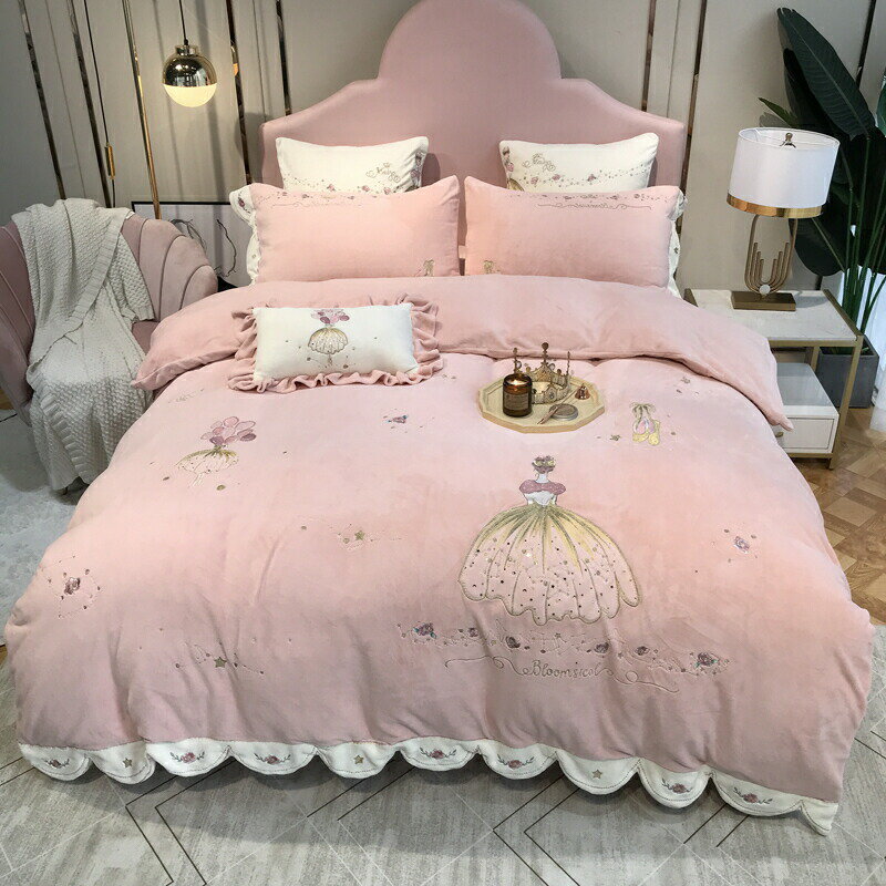 冬用フランネル寝具 ワイドダブル ベッド用品4点セット ボックスシーツ ピンク