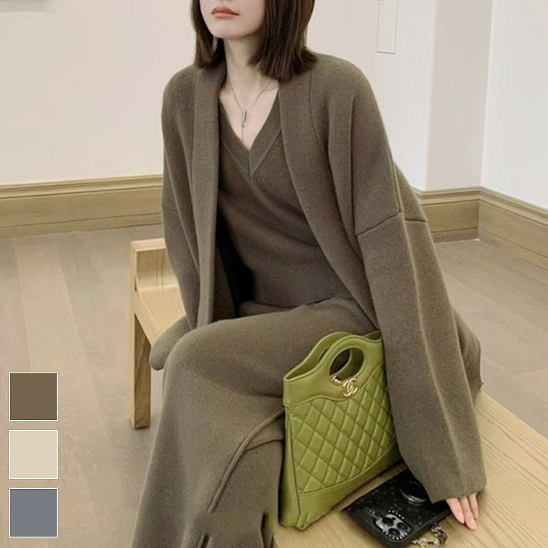 トップス&パンツ&カーディガンの3点セットアップ 夏 カジュアルコーデ オフィススタイル レイヤードスタイル フルレングス丈パンツ ロング丈パンツ ワイドパンツ Vネックトップス インナー羽織 ロング丈カーディガン