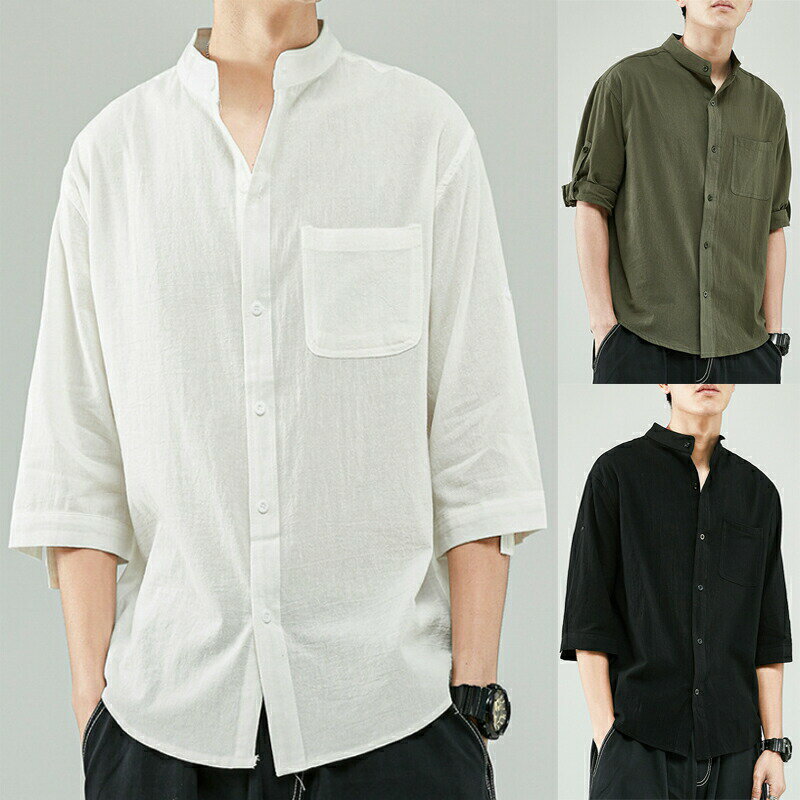 夏服 無地 カジュアル シャツ メンズ 七分袖 ゆるい 日本ファッション 春と秋 トップス メンズ アパレル