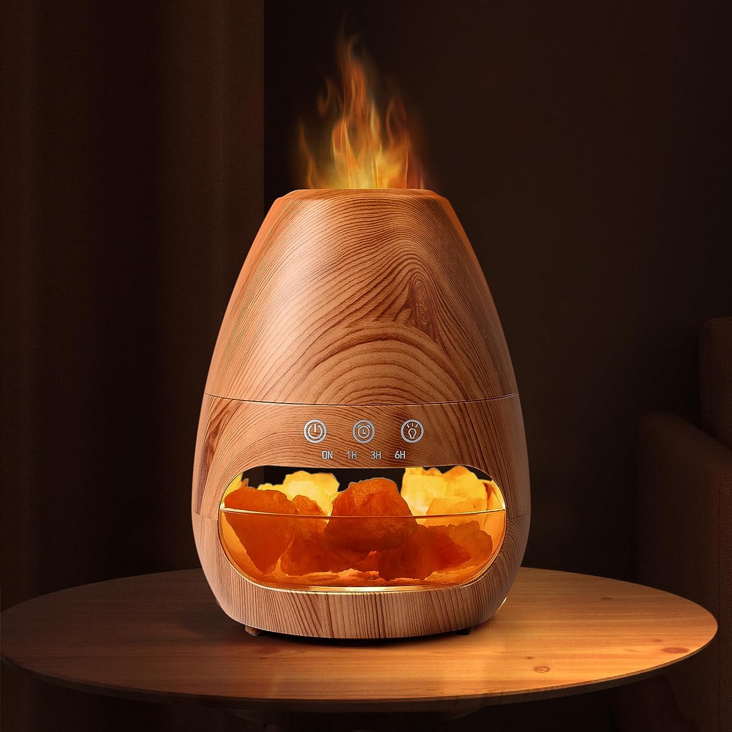 アロマディフューザー 火炎加湿器 オシャレ 寝室用 静か 木目調 アロマランプ 10時間連絡加湿可 花粉対..
