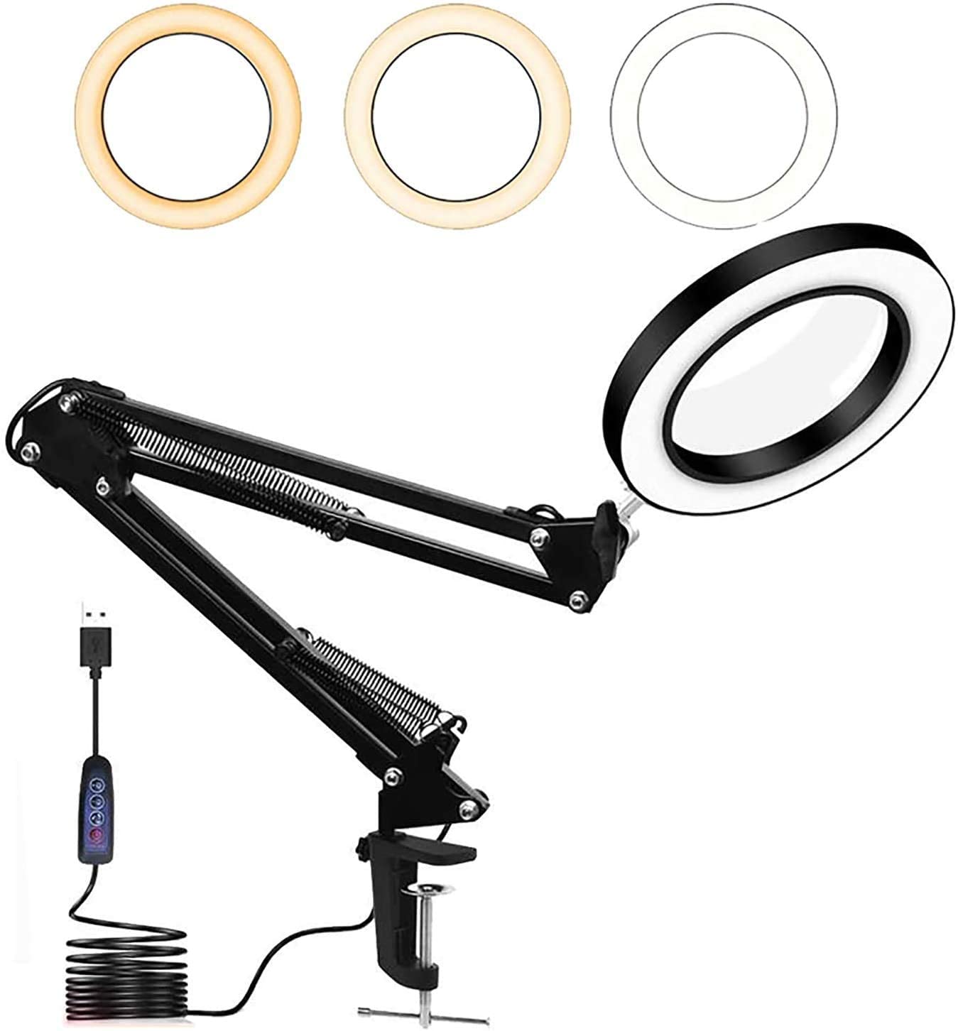 拡大鏡 ルーペ ledライト付き USBライト 3色モード クリップライト LEDルーペデスクライト 10W卓上ライト 3倍の倍率拡大鏡 10段階調輝度 無段階調光 360度回転 折りたたみ式 角度調整可能 省エネ 明るい 目に優しい 卓上ライト