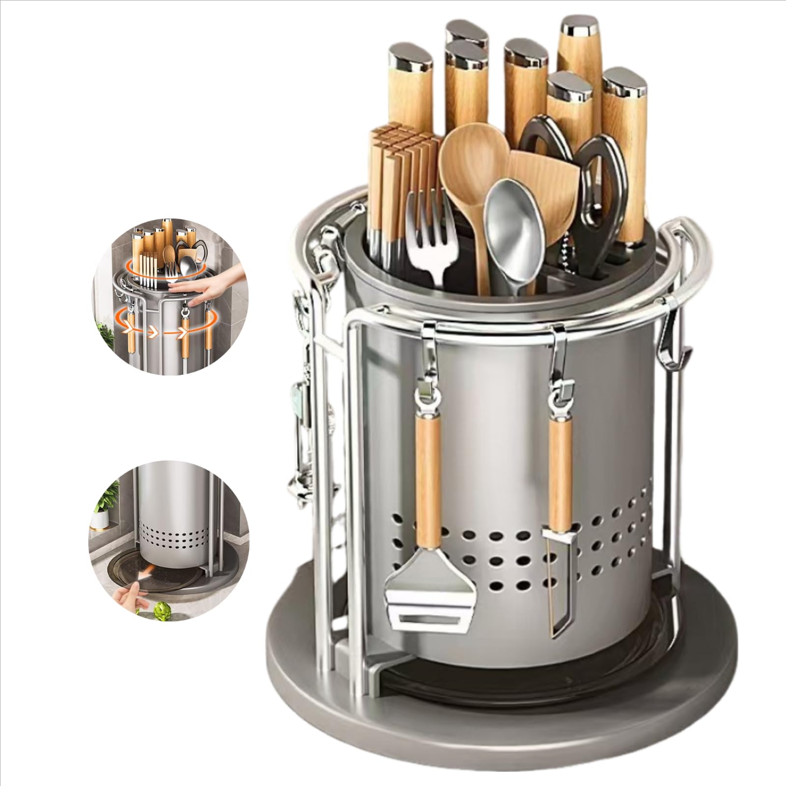 360度回転式キッチン包丁立て フック付き収納ラック 省スペース設計 おしゃれなデザイン 防錆 簡単お手..