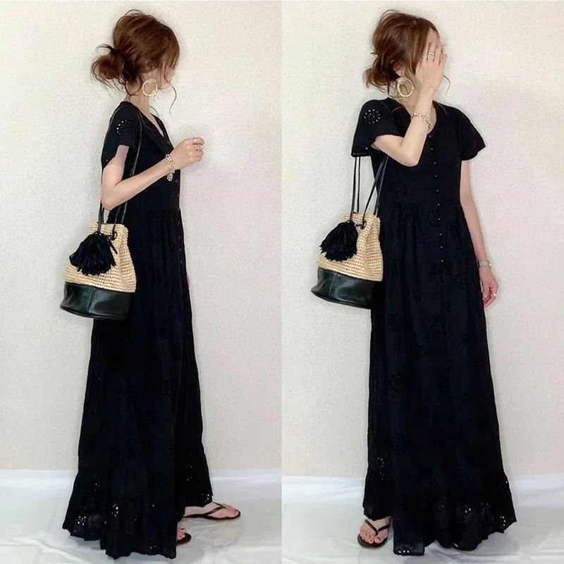 ワンピース 夏 レディース マキシ丈ワンピース 半袖 vネック ロングワンピース きれいめ 黒 ロング カジュアル 黒ワンピース ブルー 体型カバー 黒ワンピ フォーマル 40代 ゆったり 通勤 O着痩せ 丈 くるぶし 大きいサイズ 無地 結婚式 刺繍 大人 人気 プレゼント