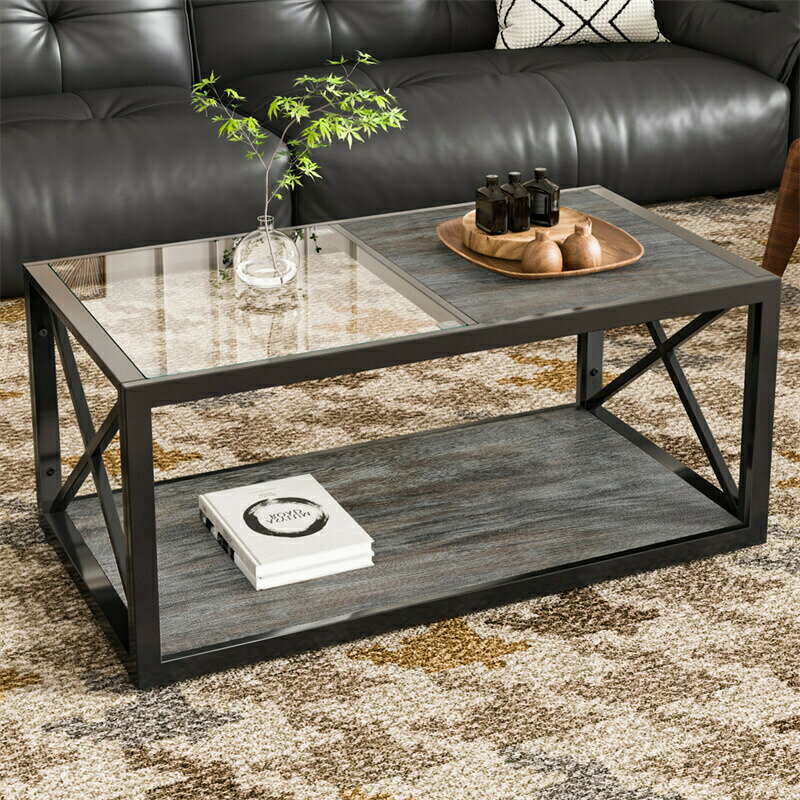 長方形コーヒーテーブル リビング用 強化ガラス天板×ウッド調MDF インダストリアルスタイル ローテーブ..