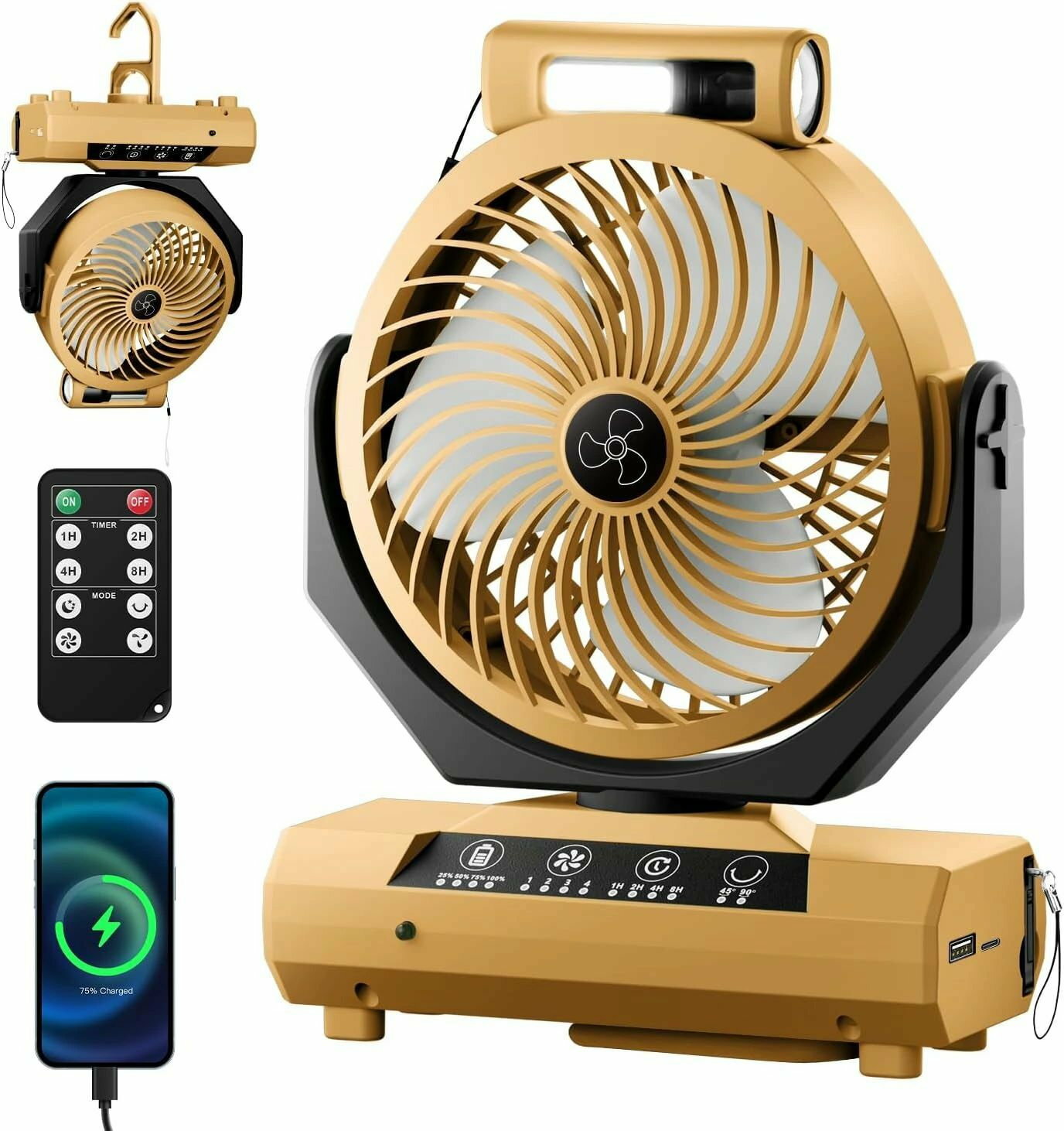 キャンプ 扇風機 充電式 扇風機 22000mAh大容量 最大80h連続使用 4段階風量調節 リモコン付き タイマー 自動首振り 卓上扇風機 コンパクト 吊り下げ式 取外し可能なLEDライト 静音 持ち運び便利 アウトドア扇風機 緊急電源用 防災 車中泊