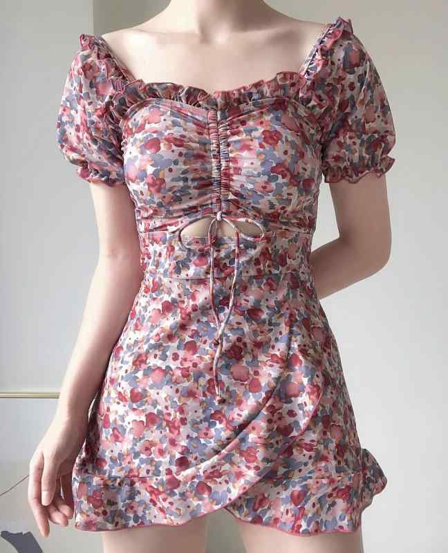 ワンピース 水着 レディース かわいい 夏 プール ビーチ ガーリー カジュアル 半袖 スカート ハイウエスト