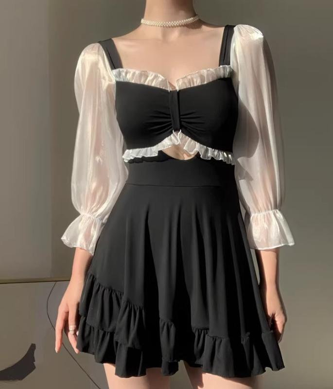 ワンピース 水着 レディース かわいい 夏 プール ビーチ カジュアル 長袖 フェアリー ウエストカバー スカート