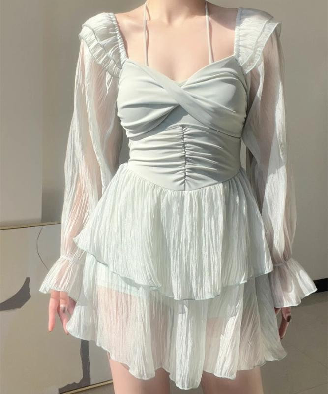 ワンピース 水着 レディース かわいい 夏 プール ビーチ ライトグリーン カジュアル 長袖 スカート スイム ウェア