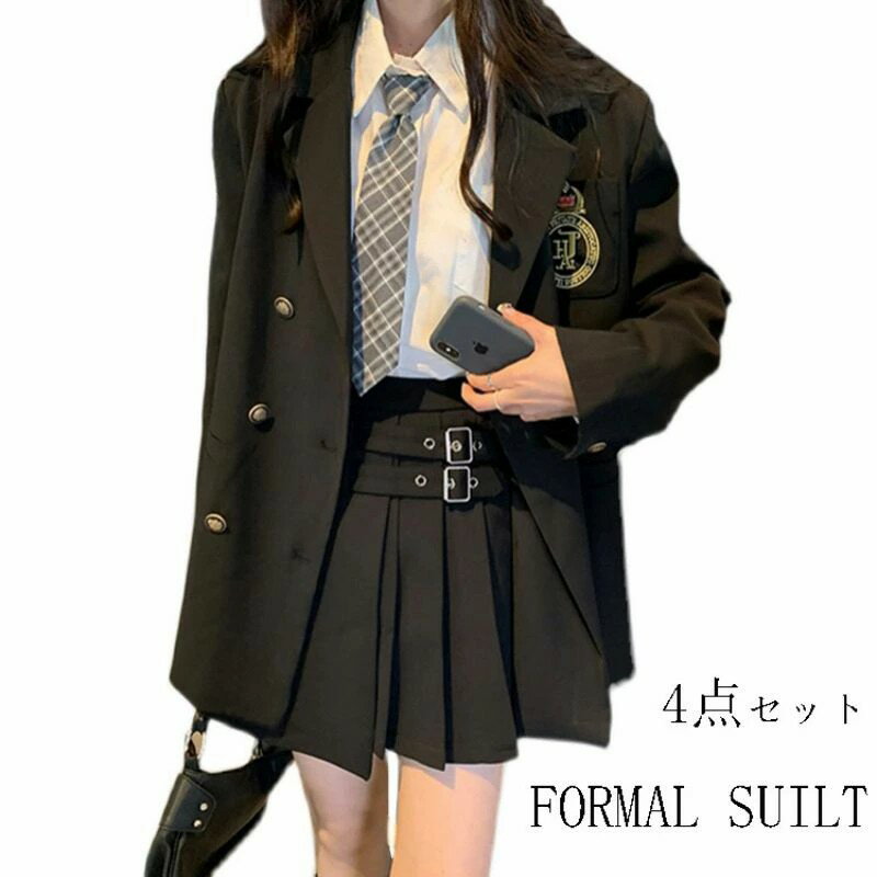 Top & Bottom Sets - 卒業式 スーツ 女の子 大きいサイズ 卒服 女の子 プレザー フォーマル スーツ 卒服 韓国 制服 卒業式 スーツ 女の子 黒スーツ 小学校 高校生 4点セット ピアノ発表会 スーツ ネクタイ ジャケット ブラウス スカート 入学式 子供スーツ S M L LL 送料無料