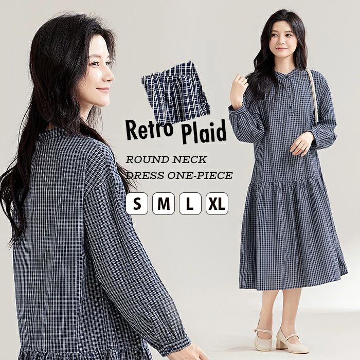 リネン ワンピース 長袖 スタンドカラー レディース 綿麻 森ガール チェック柄 千鳥柄 清楚 ロング マキシ 上品 シャツワンピース 膝丈..