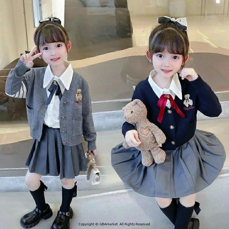 小学校 女の子制服3点セット ジャケットなし制服 スクールカーディガン 上下セット スカートスーツ ジュニアスーツ 可愛い プリーツスカート リボン付き JK制服 学校制服 女の子スーツ 卒業式 入学式 学園祭