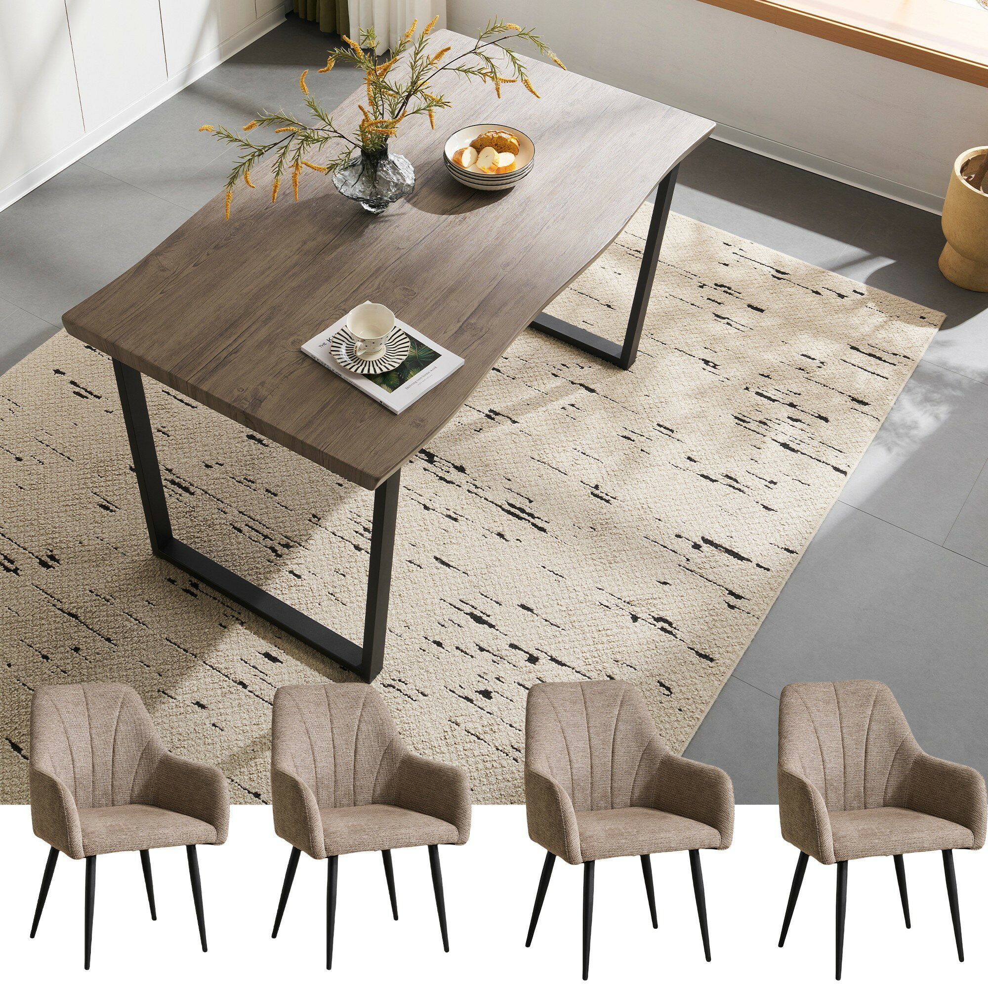 【おしゃれの外観】テーブルの両側は曲がるデザインで、現代風の元素が溶け込みます。そして木目調の天板は素朴で、長時間にたっても視覚的に魅力です。【広いサイズ】天板サイズ：140cm＊80cm 高さ：76.5cm。たっぷり使える天板なので、料理...