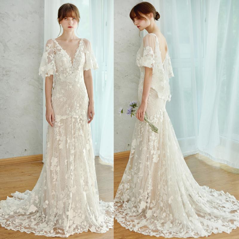ウェディングドレス ウエディングドレス 二次会 結婚式 前撮り ロングドレス 花嫁 スレンダードレス 半袖 花柄 バックレス 上品 シャンパン ベージュ フォトウェディング スレンダーラインドレス レース 小さいサイズ 大きいサイズ