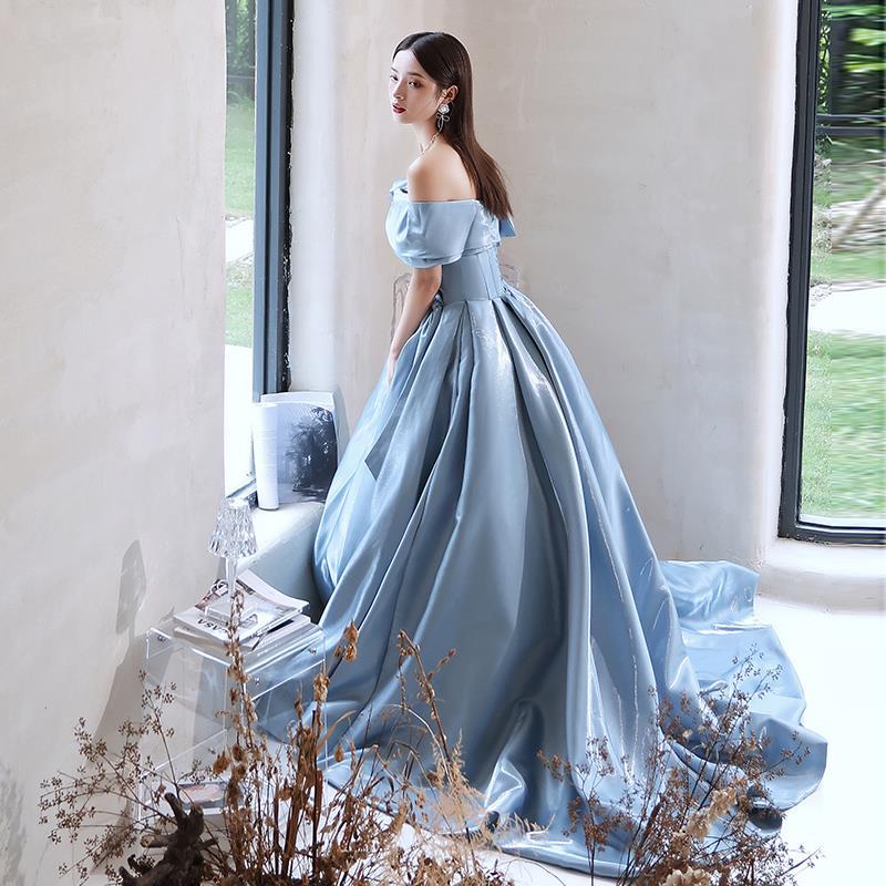 ウエディングドレス カラードレス ロングドレス 演奏会 イブニングドレス ブルー オフショルダー サテン パーティードレス トレーン プリンセス ウェディングドレス 結婚式 二次会ドレス 花嫁 発表会 披露宴 コンサート Sinessy 楽天市場店 新生活用品