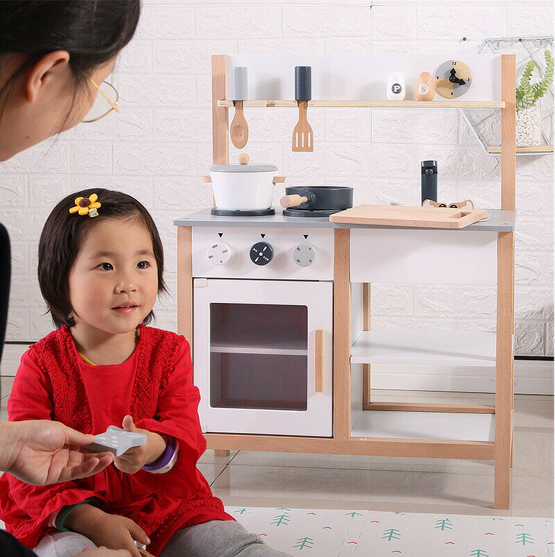 Sinessy 楽天市場店のおままごとキッチン 木製 誕生日 台所 調理器具付 食材 知育玩具 コンロ ミニキッチン おもちゃキッチン｜アングル3
