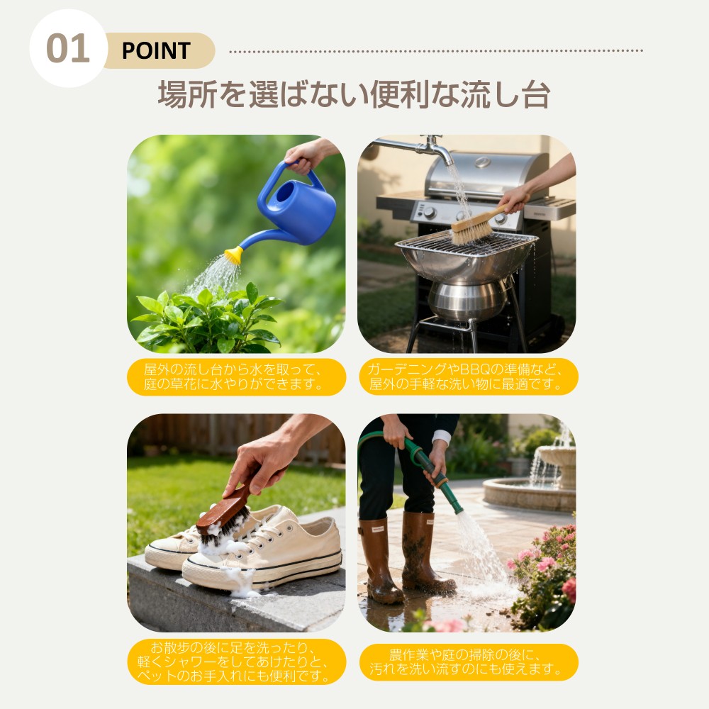 Sinessy 楽天市場店の流し台 作業台付き 収納付き 屋外 水栓付 庭 簡易流し台 厚みあり 堅めの 下 収納 組立簡単 収納棚付 庭 調理台｜アングル3