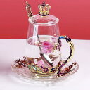 高級ガラスティーカップセット 王冠デザイン おしゃれ ティーカップ ソーサー付き スプーン付き 薔薇花入り 耐熱グラス コーヒーカップ 高級感プレゼント インテ...