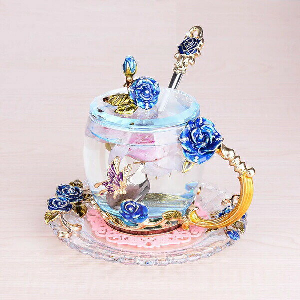 バラ柄ガラス製 ティーカップ 4点セット コーヒーカップ