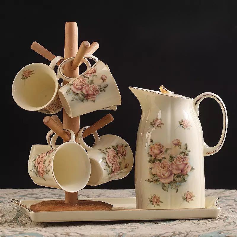 ティー・コーヒーカップ6客セット 陶磁器ティーセット ．トレー付き 花柄