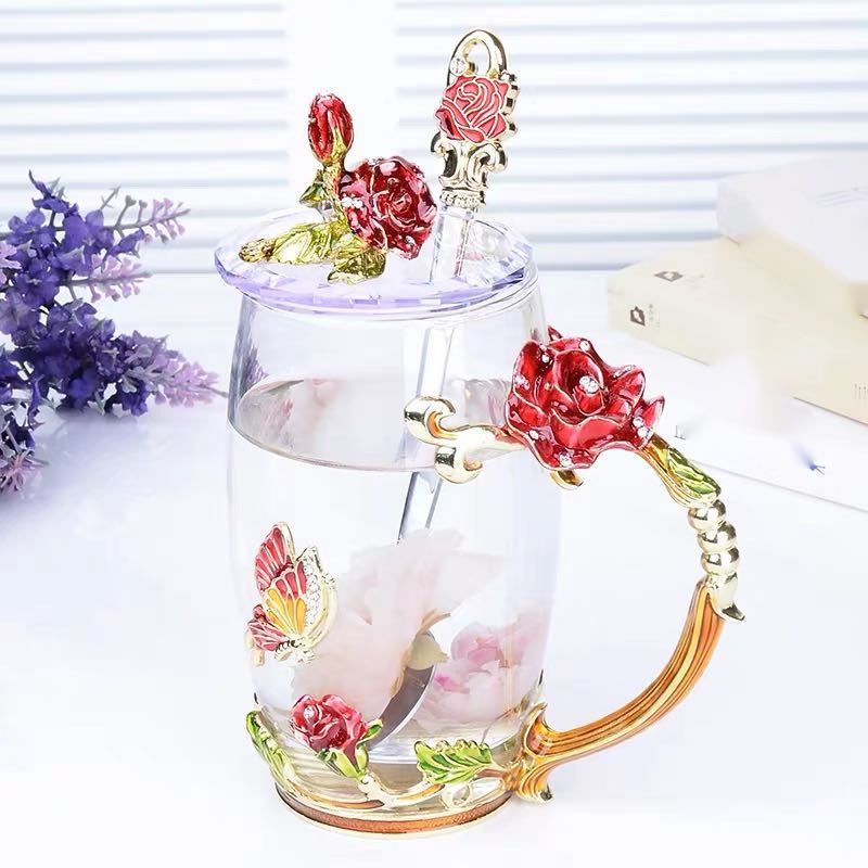 ガラス製 ．花柄ティーカップ3点セット コーヒーカップ