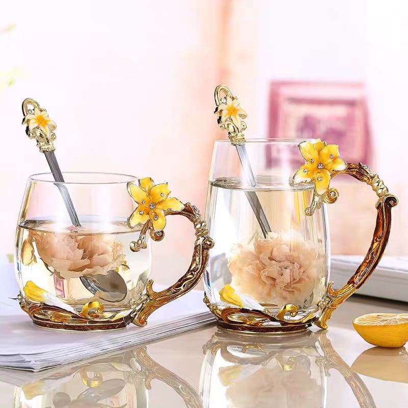 ティー・コーヒーカップセット ガラスカップセット 花柄．