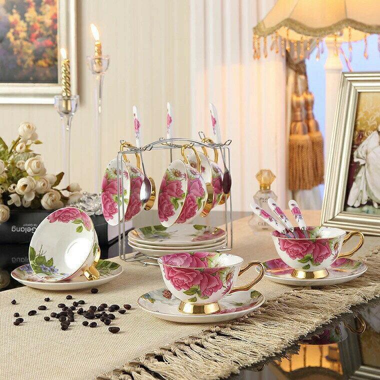 西洋ティー・コーヒーカップセット カップ＆ソーサー6客セット 花柄 陶磁器ティーセット
